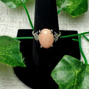 New Silver-Tone Ring w/Peach Aventurine-Style Stone & Floral Accents, Size 9